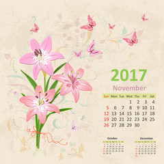 lovely bouquet of pink lilies on grunge background. Vintage Cale
