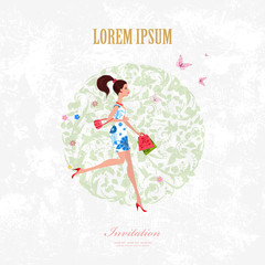 Invitation card with pretty girl is walking with shopping bags f