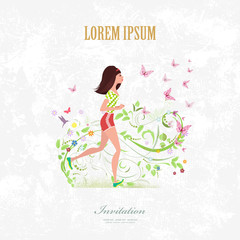 Invitation card with a pretty girl running on grange background