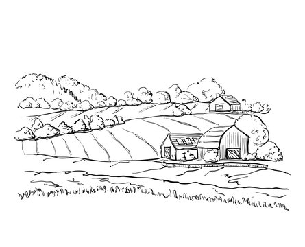 Hand drawn village houses sketch and nature
