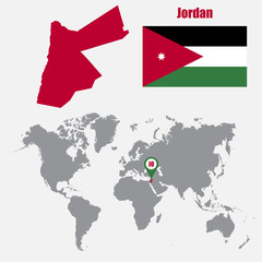 Jordan map on a world map with flag and map pointer. Vector illustration