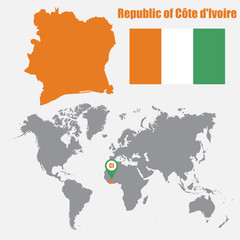 Ivory Coast map on a world map with flag and map pointer. Vector illustration