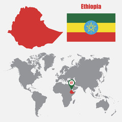 Ethiopia map on a world map with flag and map pointer. Vector illustration