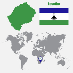 Lesotho map on a world map with flag and map pointer. Vector illustration