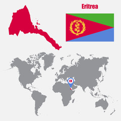 Eritrea map on a world map with flag and map pointer. Vector illustration