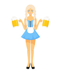 Vector detailed flat illustration of oktoberfest bavarian girl in national dress holding two beer mugs