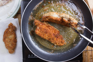 Chef deep fried pork in pan