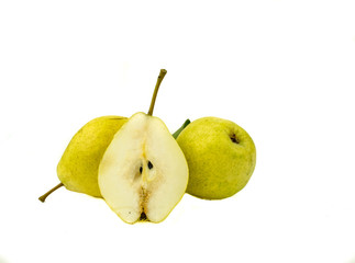 pears isolated on white background / Ripe green pears isolated with leaves isolated on white / Pears isolated on white background / cut and whole over white background