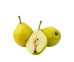 pears isolated on white background / Ripe green pears isolated with leaves isolated on white / Pears isolated on white background / cut and whole over white background