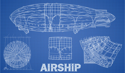 Airship illustration in blue print style.