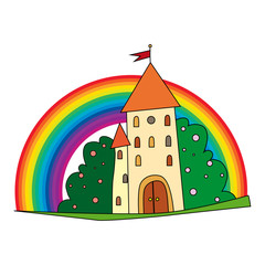 fairytale castle with fruit trees and a rainbow.