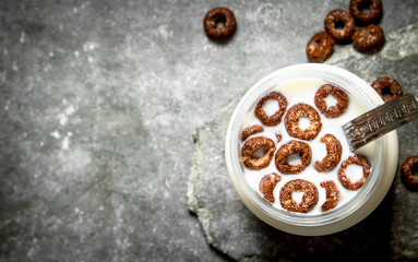 Healthy Breakfast. Chocolate cereal with milk.