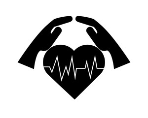 flat design sheltering hands and heart cardiogram icon vector illustration