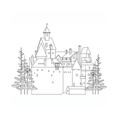 Naklejka premium black and white castle among the firs