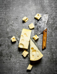 Hatchet and pieces of fresh cheese.