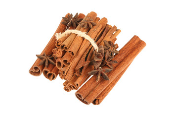 Cinnamon sticks and star anise spice isolated on white