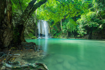 Green nature or Green landscape with Erawan's waterfall , Loacated Kanchanaburi Province , Thailand