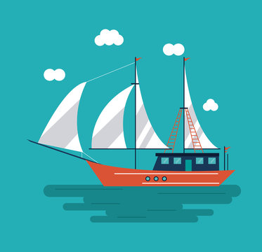 sailboat ship clouds sea ocean transportation icon. Colorful design. Vector illustration