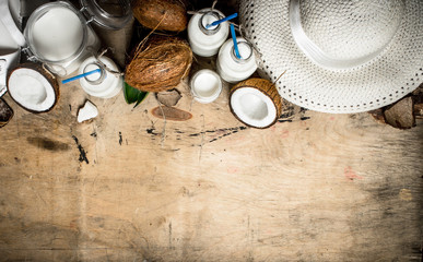 Summer cocktail. Coconut milk in the bottles.