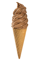 Chocolate soft ice cream waffled cone in white background.