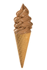 Chocolate soft ice cream waffled cone in white background.