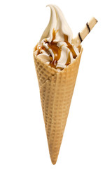 Vanilla ice cream and caramel sauce in cone