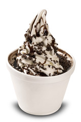 Ice cream with chocolate syrup. White background