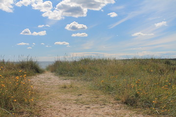På väg mot sandstranden för att sola och bada