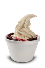 Ice cream with strawberry sauce. White background