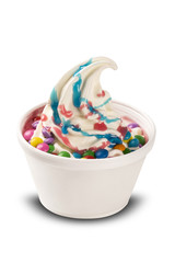 Ice cream with syrup and chocolate chips. White background