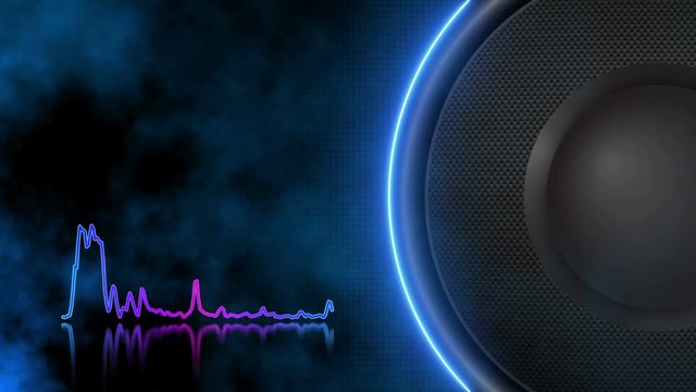 Speaker animation that plays low bass frequencies. Animated audio elements background with smoke. Place for your text. Ultra High Definition 4K animation.