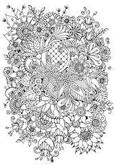 Hand drawn backdrop. Coloring book  page for adult and older children. Black and white abstract floral pattern. 