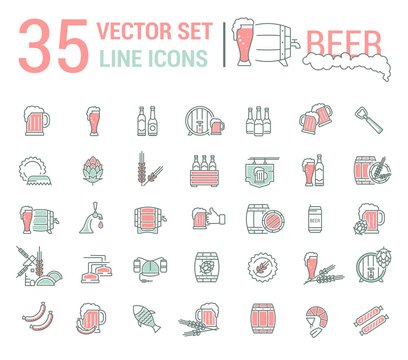 Vector set on the subject of beer and brewing in a linear design