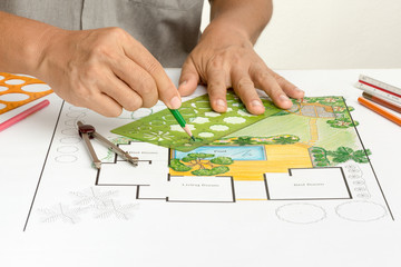 Fototapeta premium Landscape architect design backyard plan for villa