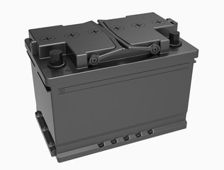 3D black car battery with black handles on white with black terminals