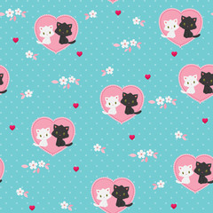 Seamless Valentine's Day pattern. Black and white kittens in lov