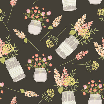 Field flowers in mason jars. Seamless vector pattern