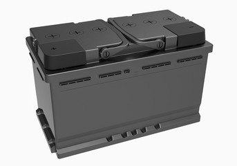 3D black truck battery with black handles on white with black terminal covers