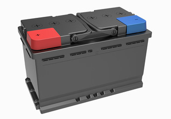 3D black truck battery with black handles on white with blue and red terminal covers