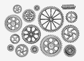 Hand-drawn vintage gears, cogwheel. Sketch mechanism, industry. Vector illustration - obrazy, fototapety, plakaty