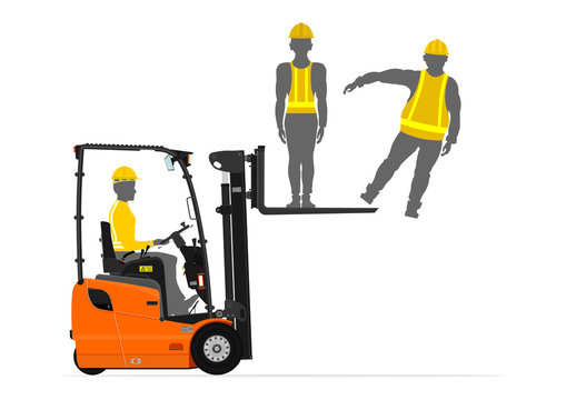 Counterbalance forklift truck lifting people on its fork. Flat vector