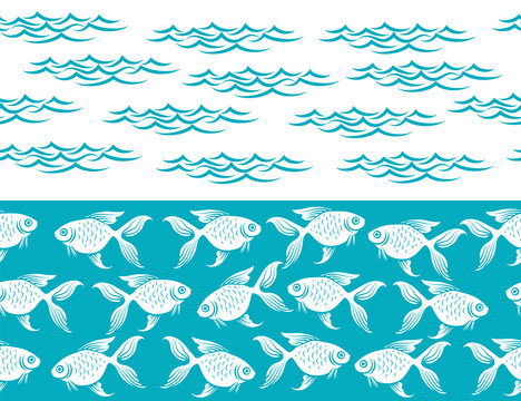 Ocean seamless borders with waves and fish vector