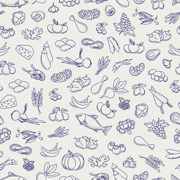 Food seamless pattern. Hand drawn vegetable fruits berries and grocery food background. Vector illustration
