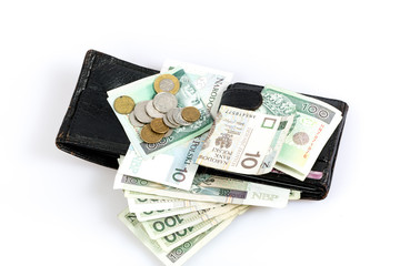 Polish zloty in notes and coins, photograph with depth of field.