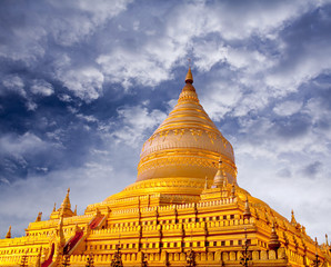 Golden Shwezigon temple in Bagan Archaeological zone, Myanmar