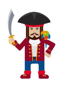 Pirate captain with parrot cartoon flat vector
