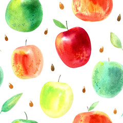 Seamless pattern with apple,leaves and seeds.Food picture.Watercolor hand drawn illustration.White background.