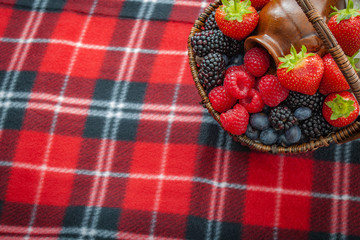 Basket with mix berries (strawberries, blueberries, blackberries and raspberries) on a picnic blanket with copy space