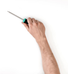 Close-up view of man's hand with screwdriver, isolated on white background