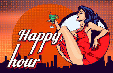 Vector design template with woman who drinks cocktail on the night city scape window view background